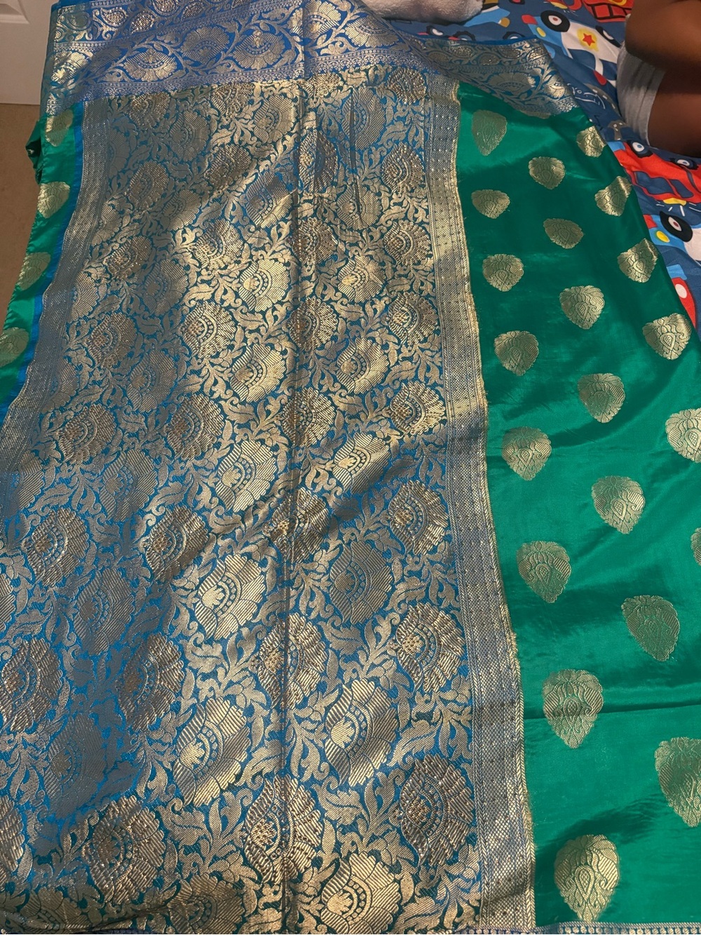 Traditional Green and Blue Silk Skirt with Gold Brocade